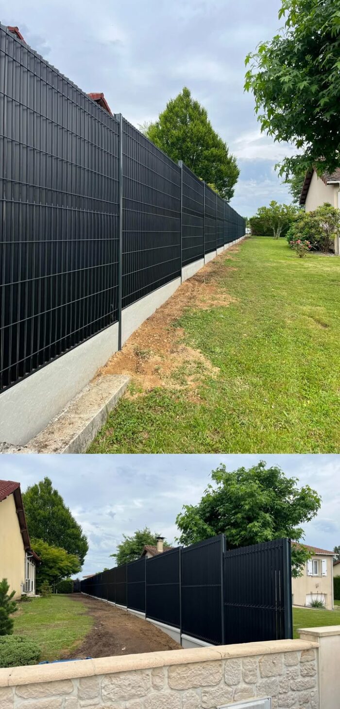 Nouveau chantier terminé à Limoges !
Pose d’une clôture en panneaux rigides gris anthracite, avec plaques de soubassement béton pour une finition solide et durable.
Nous avons également installé des occultants noirs pour plus d’intimité et d’élégance.
Merci aux clients de nous avoir fait confiance